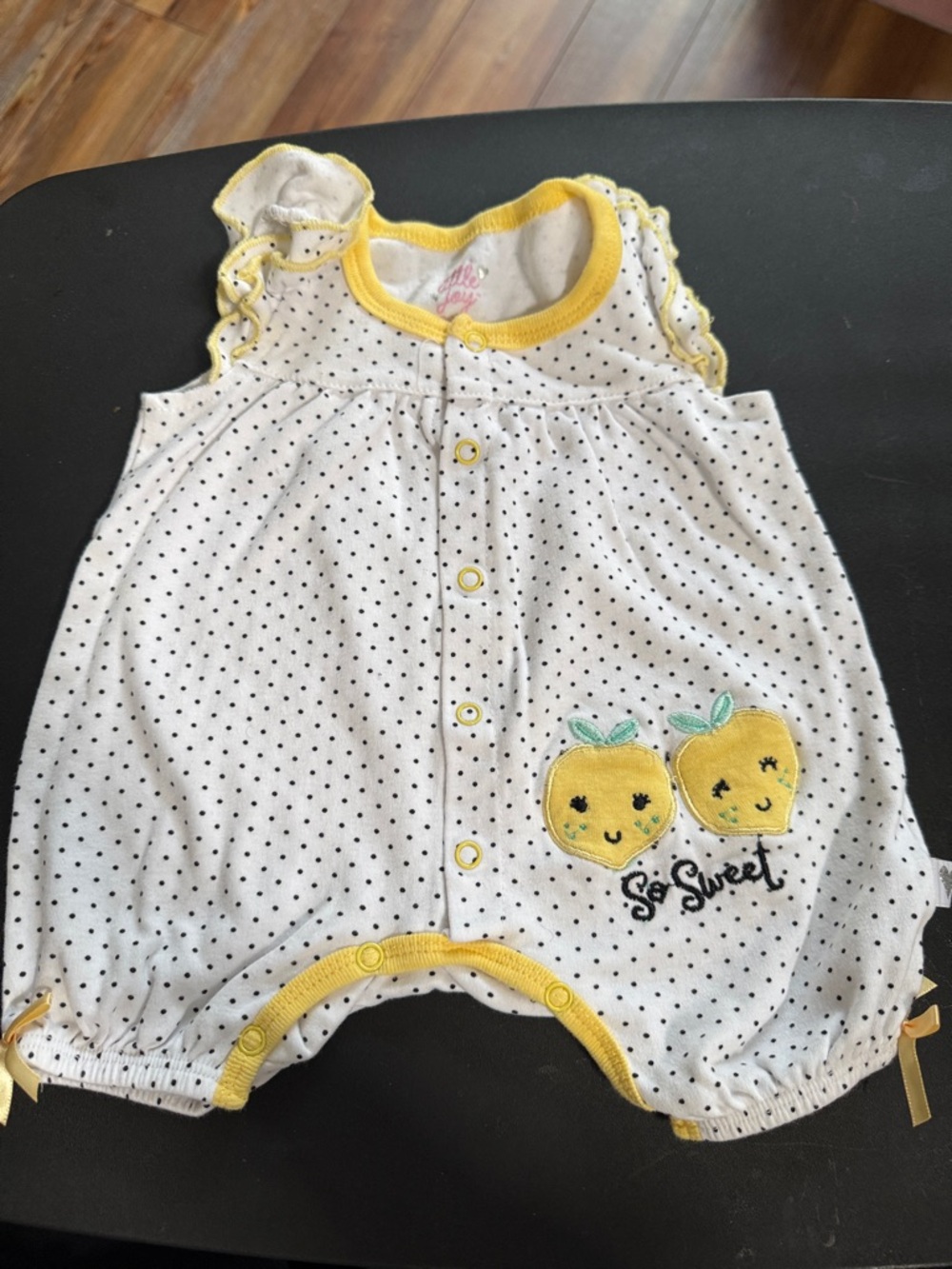 Polka Dot Lemon Baby Romper with Yellow Trim